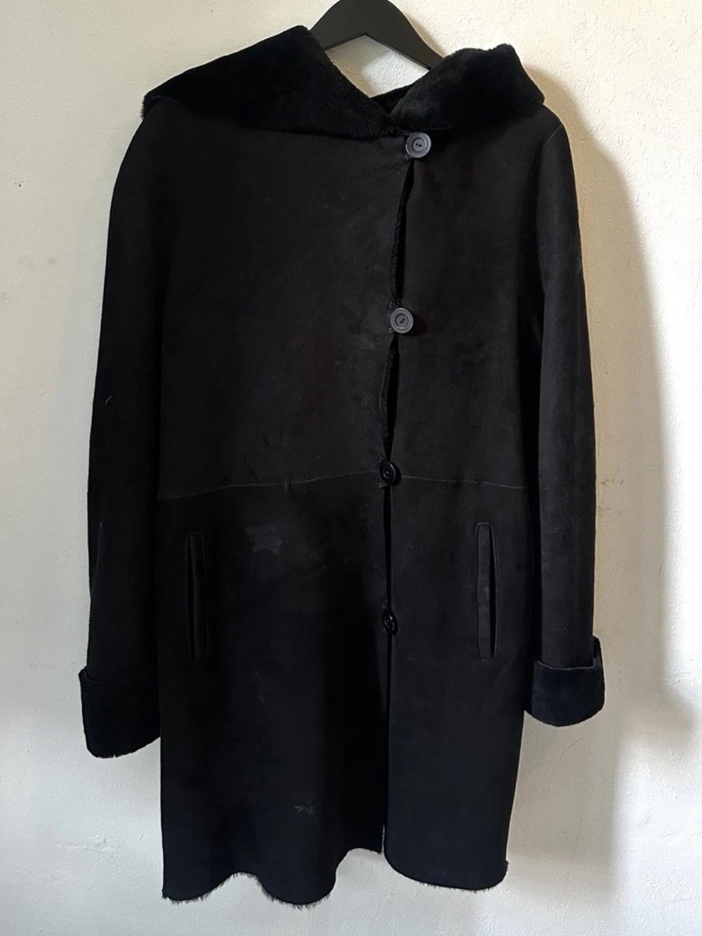 Blue Duck Sheepskin Shearling Coat USA Womens M Black Hooded Vintage Style